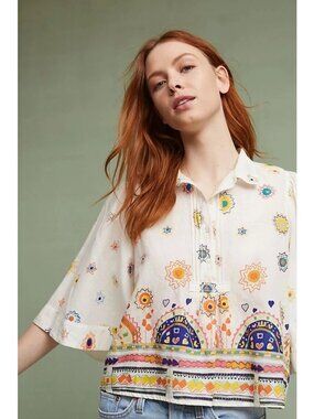 Anthropologie Maeve Size M Eliot Popover Blouse Boho Printed Bell Sleeve Top